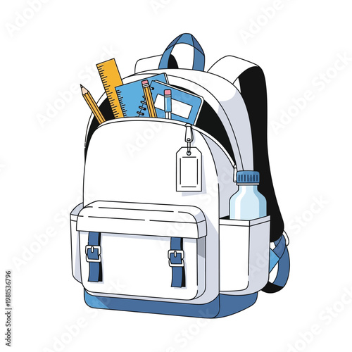 White Backpack Filled With School Supplies and Water Bottle.