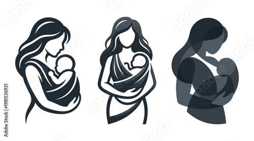 Minimalist Mother and Baby Silhouette Icons for Babywearing, Breastfeeding Support, and Maternity Logo Design - Set of 3 Parenting Illustrations