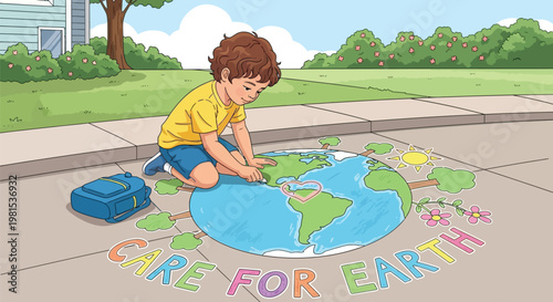 Young boy drawing planet earth with chalk on sidewalk.