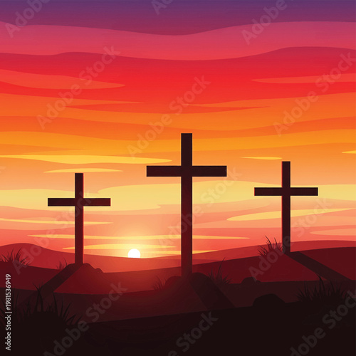 Three crosses on a hilltop formation.