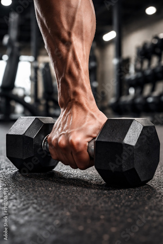 Strong Muscular Arm Lifting Dumbbell Close Up Gym Workout Strength Training