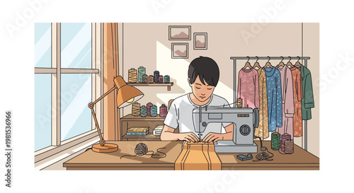 Young man diligently sewing clothes on a sewing machine.