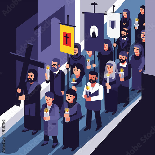 People holding candles and religious symbols.