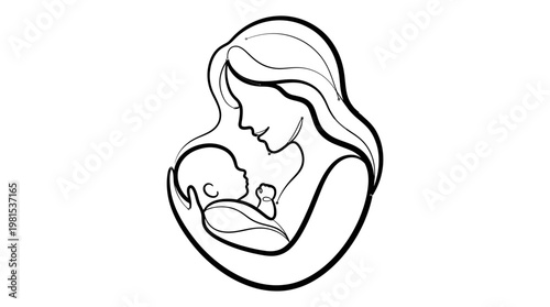 Minimalist Mother and Baby Line Art Illustration - Continuous Line Drawing of Motherhood and Newborn Care Symbol