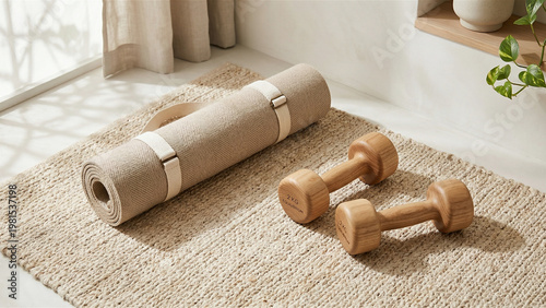 Minimal Home Workout Setup with Wooden Dumbbells and Yoga Mat in Sunlight