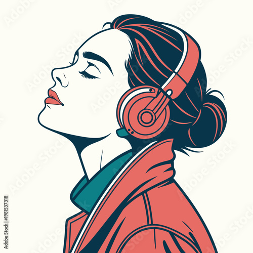 Vector portrait of a stylish woman immersed in melodic sounds with contemporary headphones on a white background