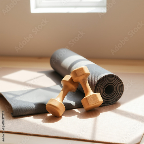 Minimal Home Workout Setup with Wooden Dumbbells and Yoga Mat in Sunlight