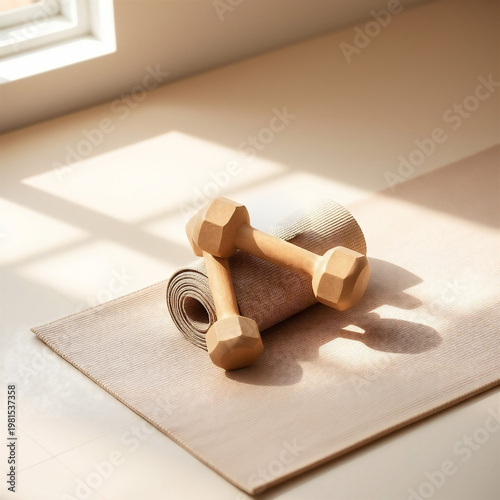 Minimal Home Workout Setup with Wooden Dumbbells and Yoga Mat in Sunlight