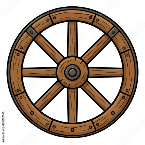Vintage Wooden Wagon Wheel Cartoon Illustration