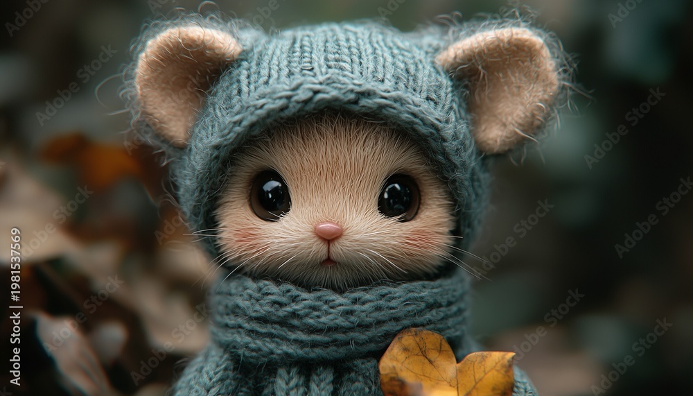 Fototapeta premium Adorable Handcrafted Tiny Hamster Doll Wearing Knitted Blue Winter Hat and Scarf in Autumn Woods. Cute Miniature Plush Hamster Toy with Realistic Fur and Knitted Outfits Surrounded by Fall Leaves