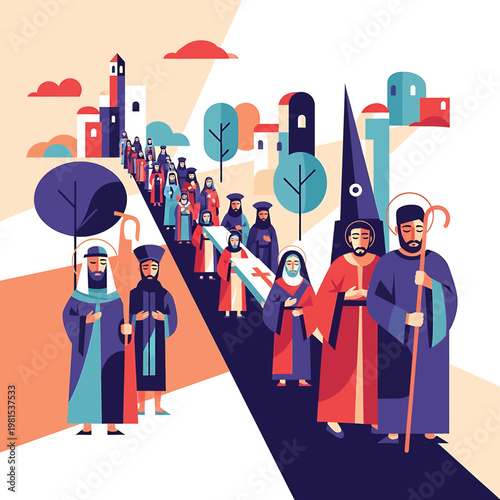 People in religious robes walking together.