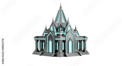 Futuristic Gothic Castle with Neon Blue Highlights in White Background