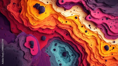 Vibrant, layered, abstract topography exhibits complex contours in vivid coloration