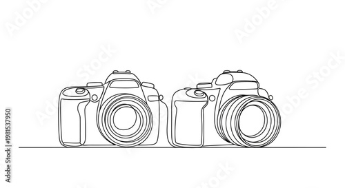 Minimalist Line Art Drawing of Two DSLR Cameras Side by Side