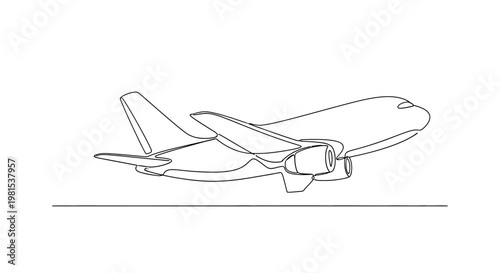 Airplane taking off, line art, side view, commercial jet, travel, aviation, transport concept
