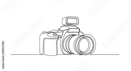 Minimalist continuous line drawing of a professional DSLR camera with a pop-up flash