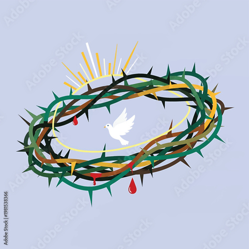 Crown of thorns with dove symbol.