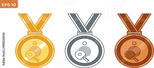 Gold Silver and Bronze Medal Set with Table Tennis Icon, Award Symbols for Sports Achievement, Ranking, Competition Winners, and Championship Recognition Design