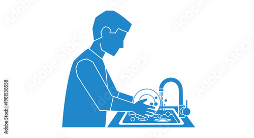 Man Washing Dishes In Sink.