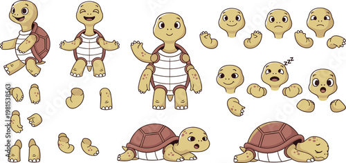 Cute Cartoon Turtle Character Creation Set with Multiple Poses, Expressions, and Body Parts for Animation Design, Kids Illustration, and Game Development