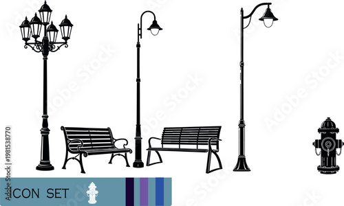 Print Urban Street Furniture and Outdoor Park Element Silhouette Set