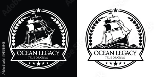 Vintage style logo design featuring a classic sailing ship inside a circular emblem with stars and laurel leaf accents