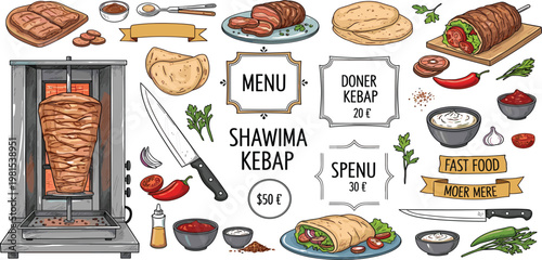 Doner Kebab and Shawarma Food Illustration Set with Grill Machine, Ingredients, Sauces, and Fast Food Menu Elements for Restaurant Branding and Street Food Design
