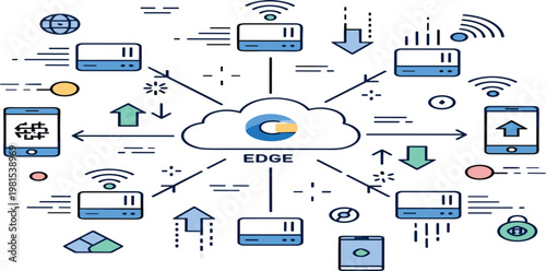 Edge Computing Network Concept with Cloud, Connected Devices, Data Transfer, IoT Technology and Wireless Communication Illustration for Digital Infrastructure and Smart Systems Design