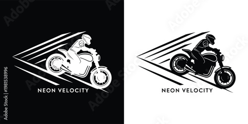 Minimalist logo design featuring a stylized motorcycle rider speeding forward with dynamic lines that create a sense of extreme motion