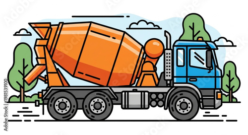 Illustration of a Concrete Mixer Truck in a Cartoon Style.