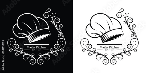 Elegant chef hat logo design for a master kitchen or gourmet restaurant brand, showcasing quality and handcrafted culinary flavor.