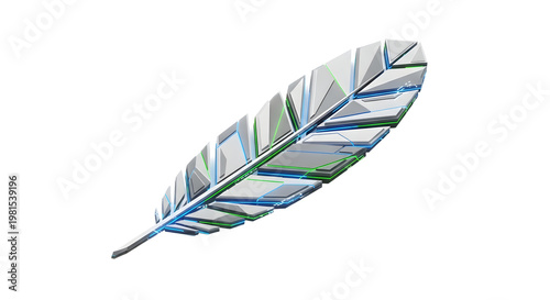 Futuristic Metallic Feather with Geometric Design in Silver and Blue Colors