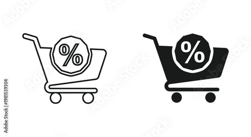 Set of minimalist shopping cart icons with percentage discount symbols, ideal for e-commerce websites, retail marketing campaigns, and seasonal sales promotions to attract customers.
