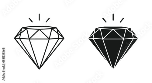 Minimalist black and white diamond icons representing luxury, value, and brilliance for jewelry branding and web design