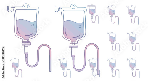 Medical IV Drips and Bags with Gradient Fluid on White Background