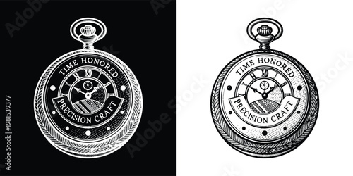 A vintage hand-drawn illustration depicting a classic pocket watch with intricate details and a "Time Honored Precision Craft" inscription on its face.