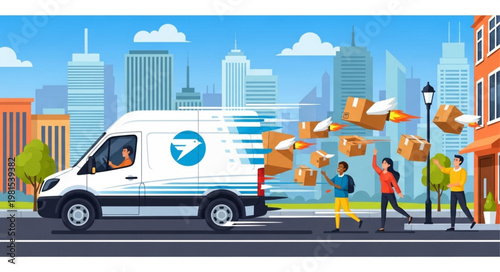 Fast Delivery Van Scattering Packages in City Street.