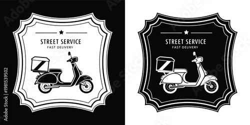 Classic style emblem depicting a delivery scooter with a parcel box, symbolizing efficient street service and fast package transportation.