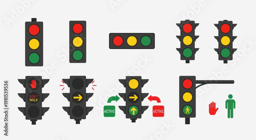 Set of traffic lights icons, signals, and symbols for road traffic control