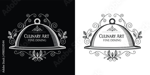Elegant culinary art logo featuring a silver platter dome with ornamental swirling vines for sophisticated restaurant and catering brand identity