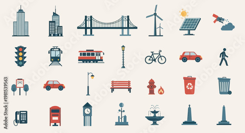 Cityscape Icons: Buildings, Transport, Energy, and Urban Elements Set