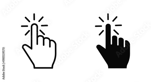 Minimalist hand cursor icons featuring a clicking and tapping gesture for digital interface navigation and user experience design