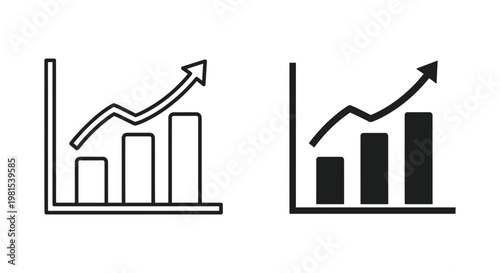 Minimalist business growth bar chart icons with upward arrows representing financial success, market progress, and data analytics for corporate reports