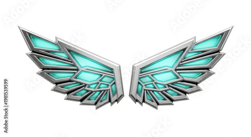 Futuristic Metallic Wings with Blue Glowing Elements on White Background