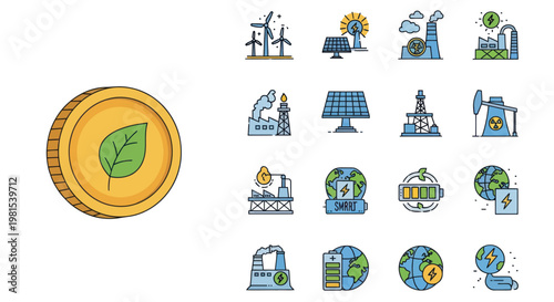 Green Energy Icons: Coin with Leaf, Wind Turbine, Solar Panel, Earth, Factories, Oil Rig