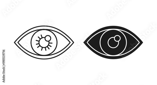 Set of two minimalist eye icons in outline and solid black styles representing vision, observation, and digital interface visibility settings.