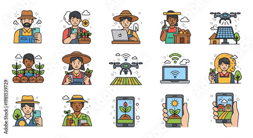 Smart Farming Icons: Farmers, Drones, Solar Panels, and Technology