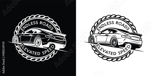 Detailed automotive emblem illustration featuring a powerful sports car designed for driving enthusiasts who love fast speed and cool travel