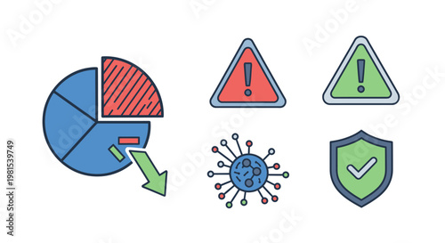 Business Analytics Icons: Pie Chart, Warning Signs, Virus, Shield with Checkmark