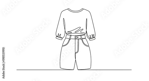 Fashionable Outfit: Casual T-shirt and Denim Shorts, Minimalist Line Art Style